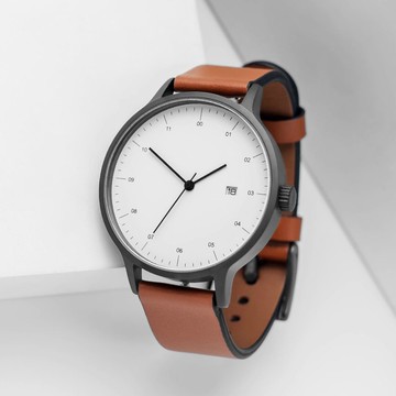 BIJOUONE彼樹灣B30深灰極簡設計男女款真皮表帶日歷防水精鋼手錶