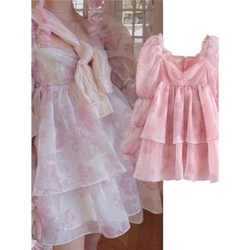 在逃公主貝芙麗印花月光仙女藕節泡芙裙蛋糕迷你歐根紗蓬蓬連衣裙