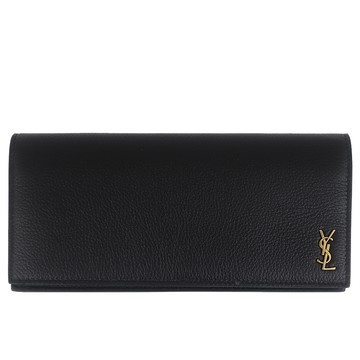 YSL MONOGRAM 黑荔枝紋真皮刷舊LOGO長夾-10卡