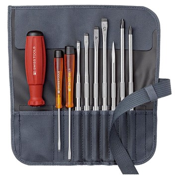 PB SWISS TOOLS 十字及一字螺絲起子9支組 組裝維修工具組 高精密度 凹凸面軟柄握把 多色收納袋  1組
