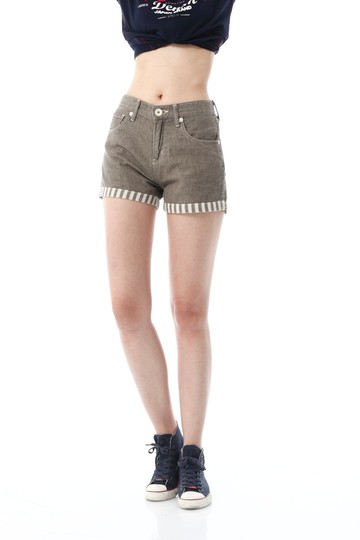 EDWIN 女款 MISS 503反摺條紋棉麻短褲 (咖啡)