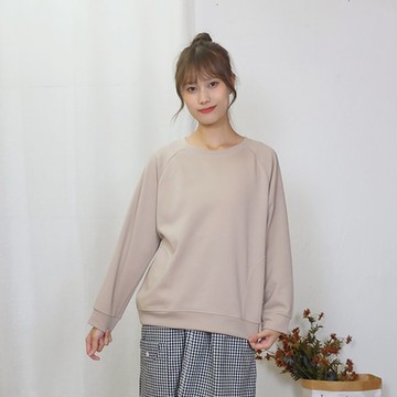 Hana-Mokuba花木馬日系女裝插肩袖弧形側口袋簡約百搭大學T_淺卡其/中粉