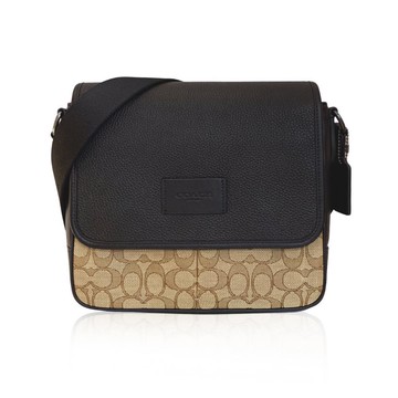 COACH 緹花拼接皮革翻蓋斜背包肩背包 棕褐x黑色 CE534 QBNRX