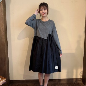 Hana Mokuba 不對稱面料拼接圓領長袖洋裝