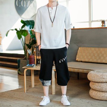 夏季男裝套裝中國風亞麻短袖t恤潮流搭配棉麻兩件套薄款寬松衣服
