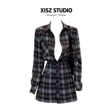 美式辣妹復古高級感格紋收腰襯衫裙女秋季氣質時尚顯瘦A字連衣裙