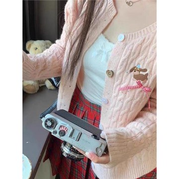 甜美少女可愛學院風薄款毛衣外套粉色麻花針織開衫女早春秋季上衣