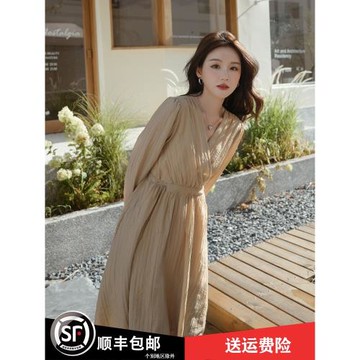 深卡其漂亮連衣裙女春季2025新款V領輕熟風小個子氣質高級感裙子