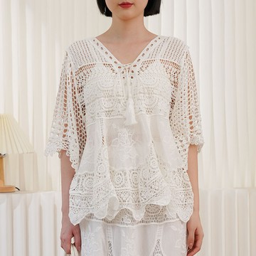 流蘇綁帶鏤空針織罩衫上衣121465C