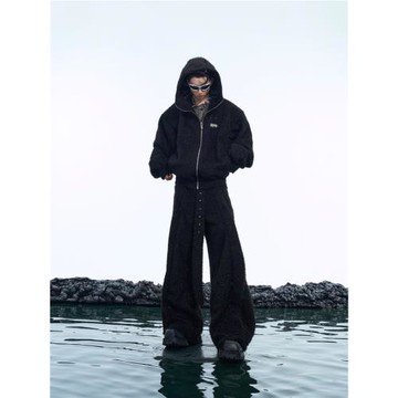 ArguE小眾立體解構毛絨細閃連帽外套重磅寬松先鋒闊腿褲衛衣套裝