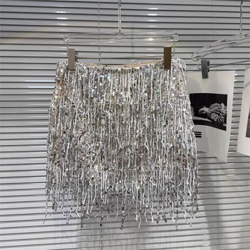 (免運)網紅同款2025秋季新款走秀演出銀色亮片流蘇設計重工短裙半身裙女