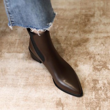 貓熊家尖頭粗跟短靴女2025年新款秋冬歐美真皮中跟套筒切爾西靴子