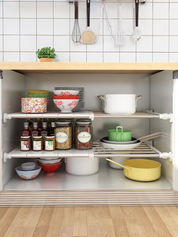 可伸縮廚房櫥柜分層架柜內置物架分層隔板水池下水槽柜子鍋架收納