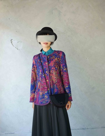 尋寶古著-藝術油畫筆觸緹花桃紅色金釦復古薄針織外套