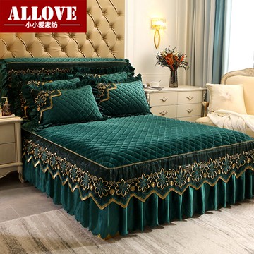 冬季保暖水晶絨床裙單件防滑裙式床套法萊絨夾棉加厚蕾絲床蓋床罩
