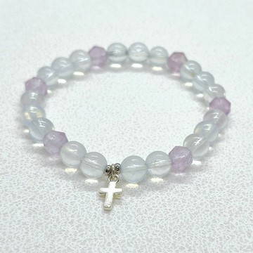 天然冰種海藍寶 紫水晶 純銀925實心純銀十字架串珠手鍊/寶石