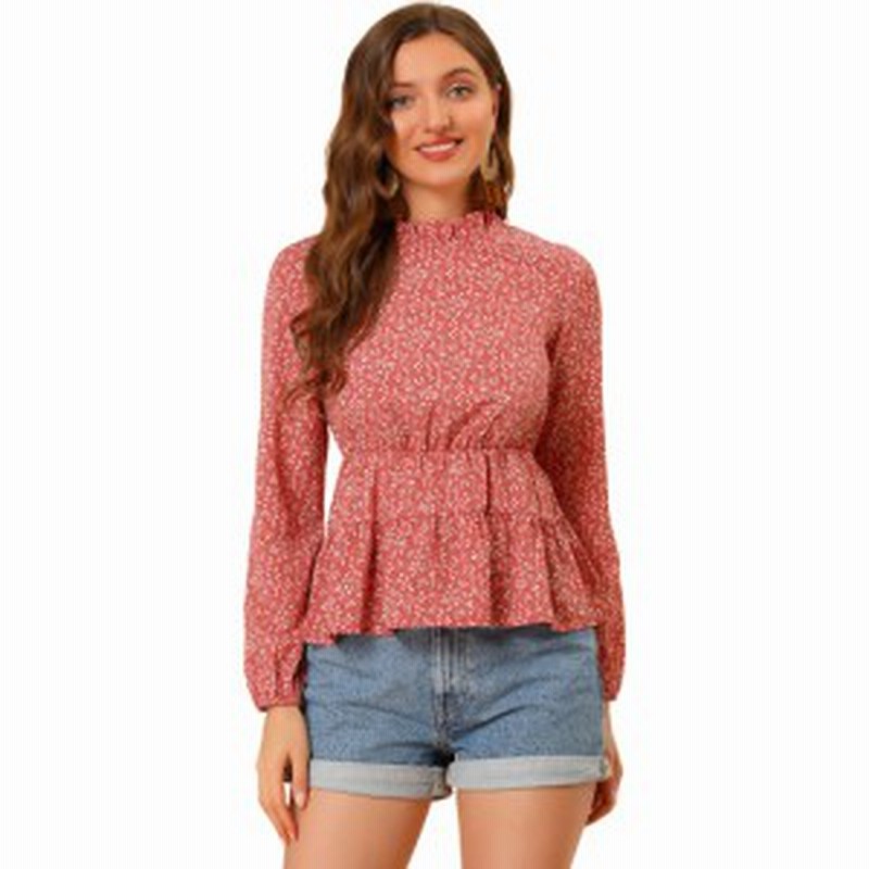 Allegra K ペプラムトップス 花柄 モックカラー ブラウス 長袖 フリルネック レディース レッド Xl 通販 Lineポイント最大1 0 Get Lineショッピング