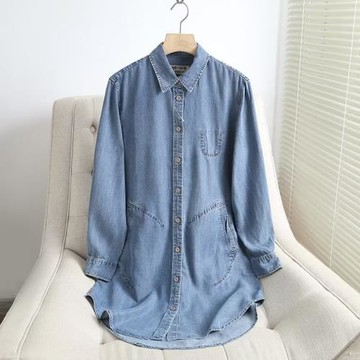 垂感天絲牛仔襯衫女薄款春秋款中長款寬松大碼休閑襯衣女長袖外套