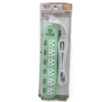 特價品！！樂提購*品牌更改為威電* 延長線（綠色）CK3661-06/1.8米 過載斷電6開6座電源線組(I-2)