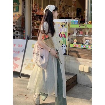 法式中長款薄紗蕾絲罩衫女夏外搭無袖雪紡開衫疊穿吊帶背心裙上衣