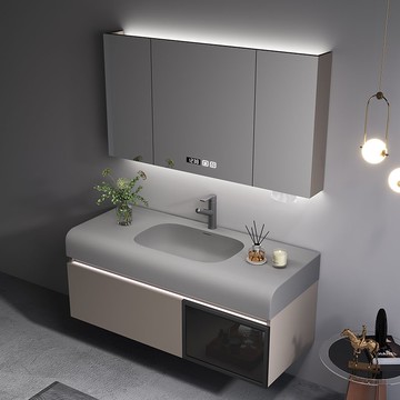 免運 開發票 卡其灰深色簡約輕奢可麗耐一體盆浴室柜組合衛生間洗手臉盆洗漱臺 快速出貨