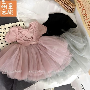 女童洋裝 2024夏季韓國女童素色紗裙 兒童彈力冰涼露背洋裝 短袖公主裙 女寶寶紗裙 MT