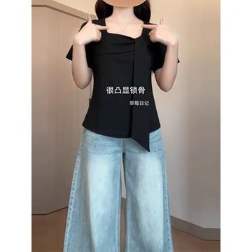 大碼純棉方領正肩短袖T恤女夏季胖mm顯瘦別致漂亮小衫不規則上衣