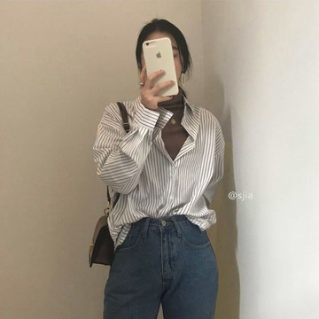 條紋襯衫女設計感小眾秋冬新款復古個性Polo領休閑長袖秋季女上衣1入