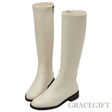 【Grace Gift】極簡圓頭中車線低跟顯瘦長靴 米白