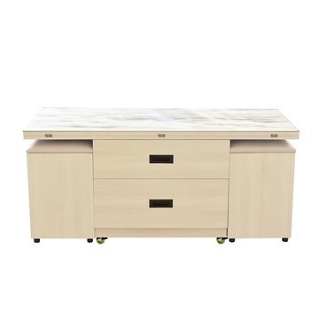 IHouse-岩板+萬向輪 1桌4椅緩衝款升降茶几 (台灣製木心板工作桌/餐桌/變形金剛/多功能桌)古橡