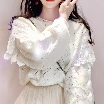 韓款甜美復古蕾絲拼接 荷葉邊百搭顯瘦 針織衫毛衣 cntop