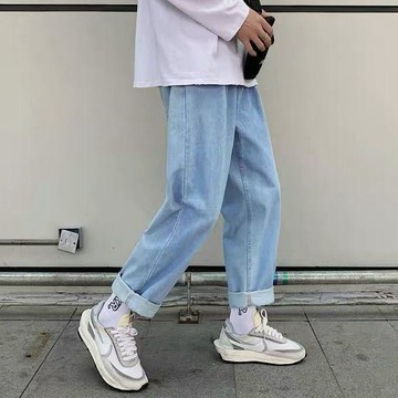 ins港風鬆緊腰牛仔褲男韓版潮流寬鬆直筒褲潮牌淺色九分休閒長褲