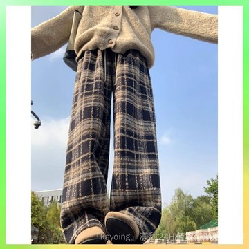 🔥臺灣出貨 毛呢加絨格子闊腿褲女鞦鼕季2025新款複古高腰寬鬆保暖休閒直筒褲 限時特賣X315-10C