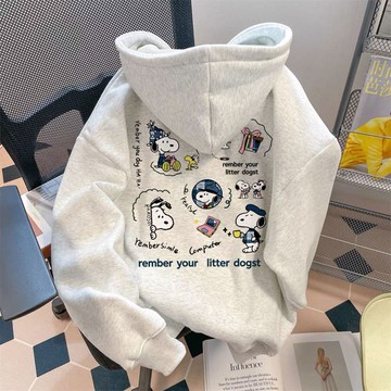 愛依依  帽T 連帽上衣 大學T 學院風 加絨保暖衫 S-3XL秋冬銀狐絨卡通印花連帽寬鬆百搭學生上衣外套-9053.