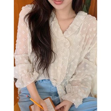喇叭袖襯衫女春季新款韓系溫柔氣質提花襯衣娃娃領設計感長袖上衣