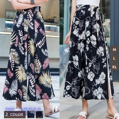 ガウチョパンツ 春 夏 ビーチワイド9分丈パンツ50代 花柄大人服可愛いスリットあり パンツ大きいサイズ 薄手着痩せ二次会m 通販 Lineポイント最大get Lineショッピング