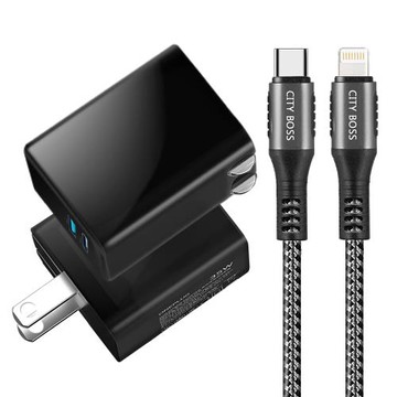 CITY 35W Gan氮化鎵Type-C(PD)+USB快充黑+勇固Type-C to Lightning PD編織耐彎折快充線-150cm