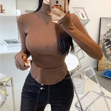 弧形下擺t恤女長袖內搭緊身性感純欲高領打底衫純色簡約百搭上衣