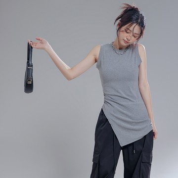 側皺開衩設計長背心-灰【KT223866】