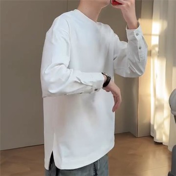 春秋重磅長袖T恤男潮牌寬松休閑純色百搭設計感帥氣打底衫上衣潮