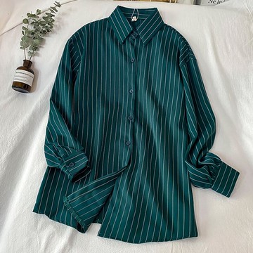 法式復古條紋長袖襯衫女新款設計感小眾百搭洋氣綠色襯衣潮