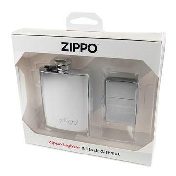Zippo 美系~光澤蝕刻Logo打火機+酒壺套組