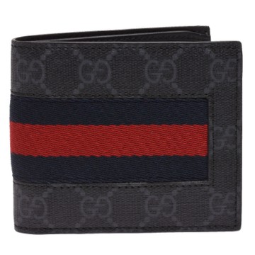 GUCCI 古馳 經典GG Supreme系列GG印花藍紅藍織帶折疊短夾(灰-8卡)