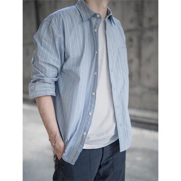 小溪原創春秋純棉男士藍色細白條紋復古襯衫時尚休閑百搭寬松上衣