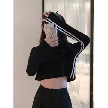 早秋hiphop街舞jazz上衣超短款長袖練習室T恤女爵士跳舞高腰ins潮