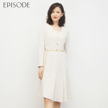 EPISODE - 精緻輕奢花瓣領口收腰長袖洋裝E30473（米）