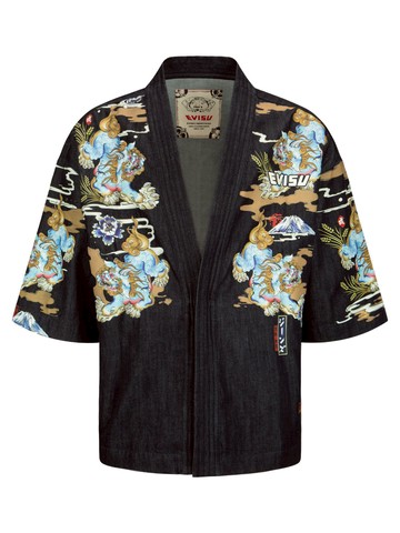 Komainu Painting Print Denim Kimono