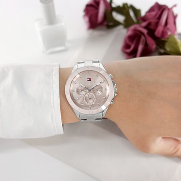 TOMMY HILFIGER / 1782706 / 三眼三針 晶鑽閃耀 礦石強化玻璃 星期日期 不鏽鋼手錶 藕粉色 40mm