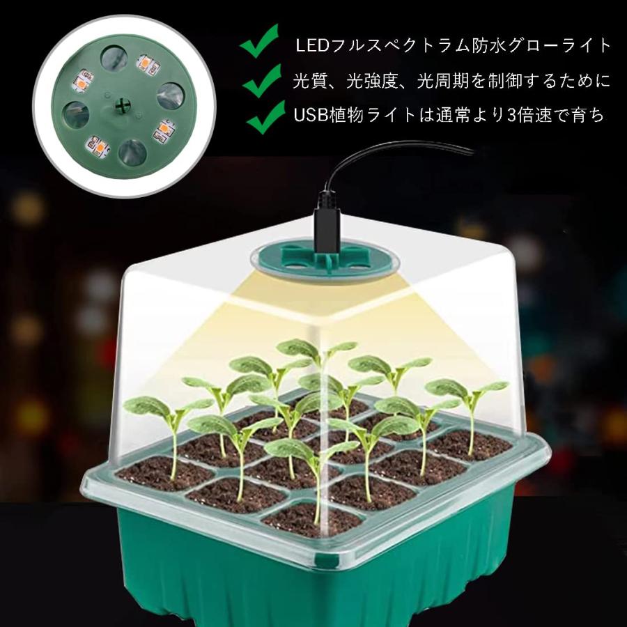 育苗ポット植物育成ライト付き セット 育苗トレイ 育苗箱 12穴 高くする透明カバー 種子トレイ 発芽 育苗セット 種まきハウス 苗箱