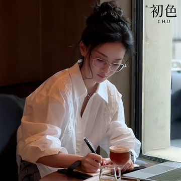 初色 通勤風純色翻領蕾絲長袖襯衫上衣女上衣-白色-15991(M-XL可選)